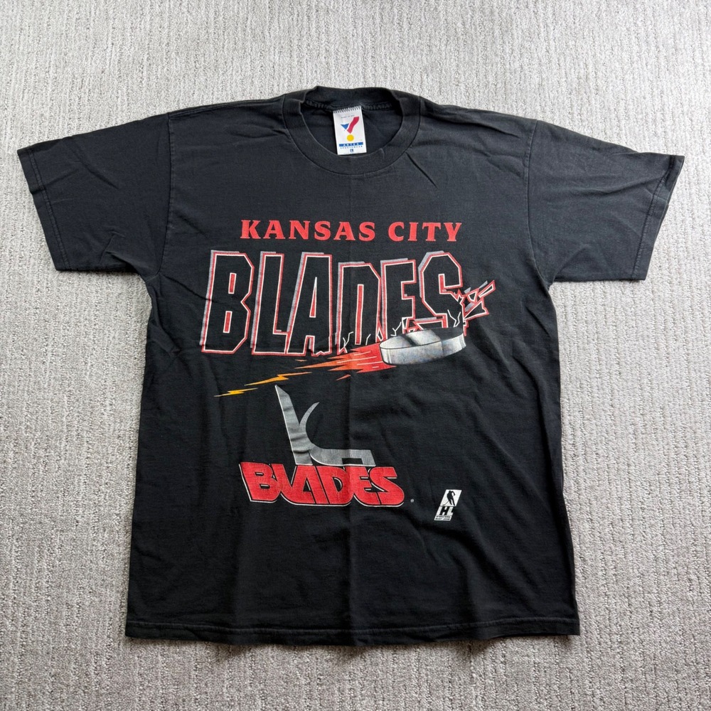 Vintage Kansas City Blades IHL Hockey Graphic T-Shirt Mens Size L Black